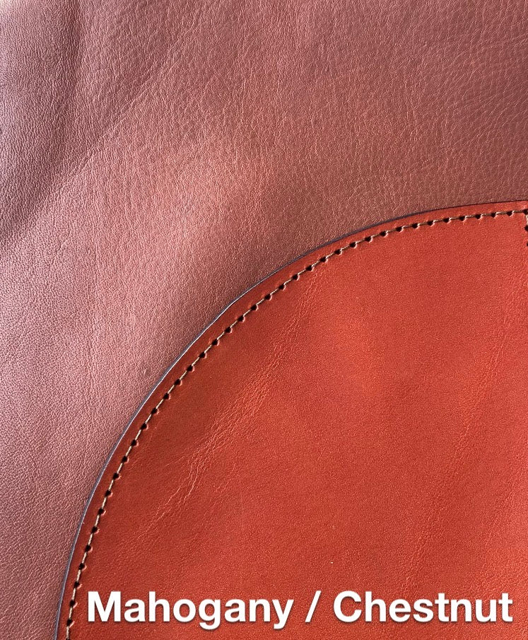 Close-up of brown leather with visible stitching, labeled 'Mahogany / Chestnut'.